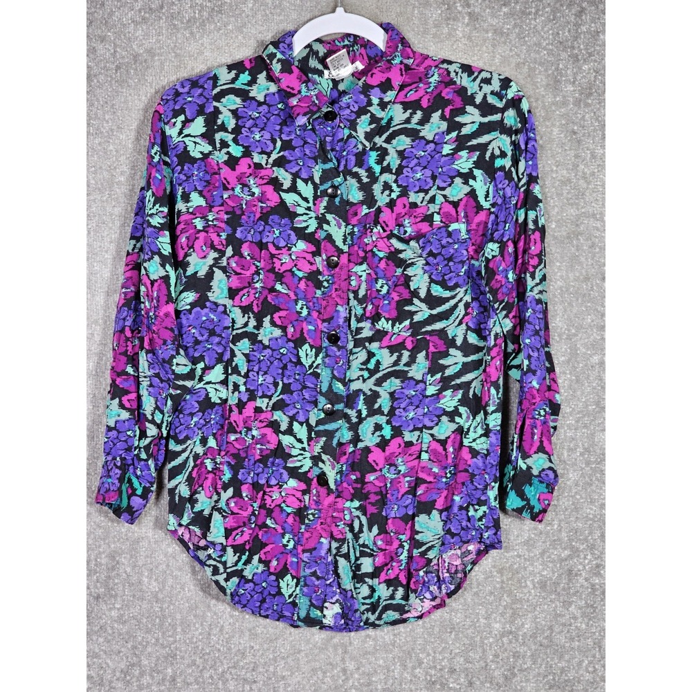 Vintage Excellent Button‎ Up Top Womens Sz Medium Pink Purple Green Black Floral